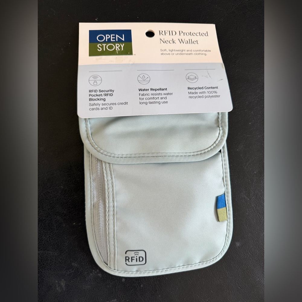 NWT Open Story RFID Protected Neck Wallet Waterproof Light Gray travel Europe